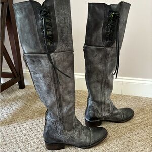FREEBIRD size 9, over the knee distressed grey/black boots.